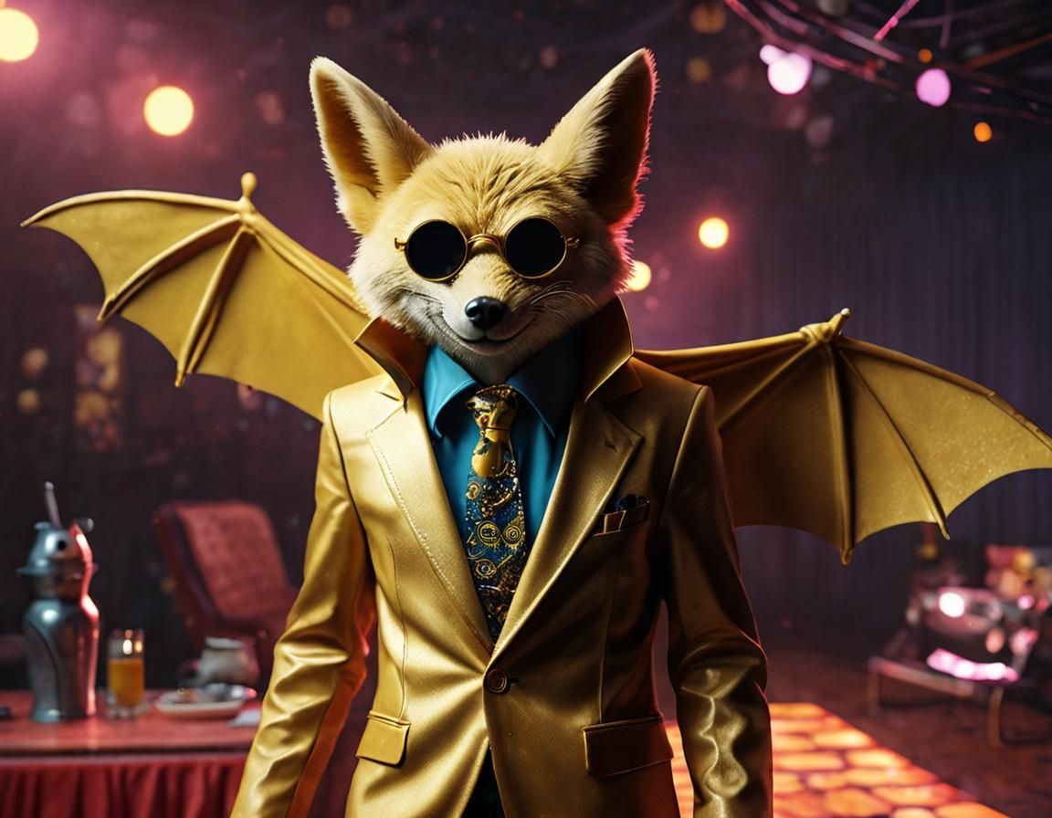 Golden Fox Bat at Disco Party in Moebius Style
