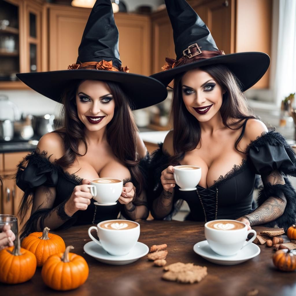 Two Gorgeous Witches Drinking Coffee