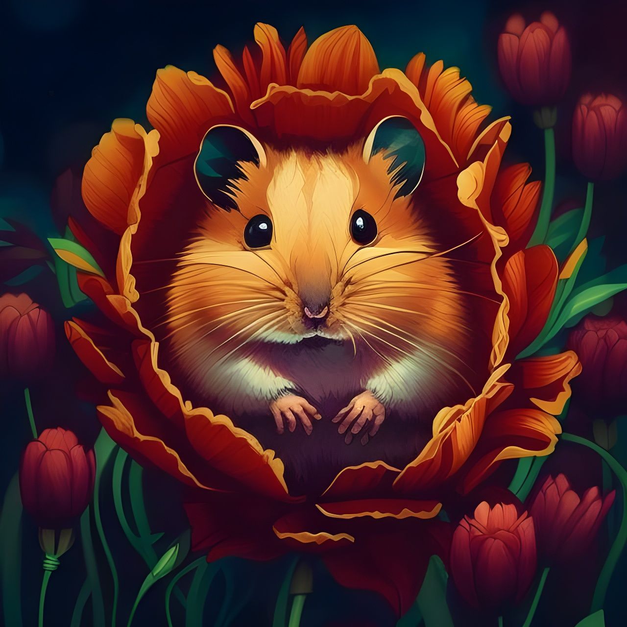 Surprised Hamster Flower Portrait in Vibrant Colors