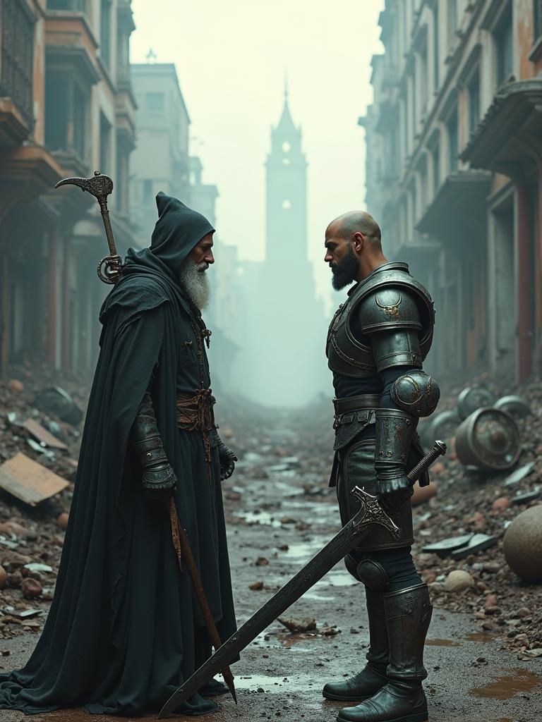 Wizard and Warrior Duel in Ruined Cityscape