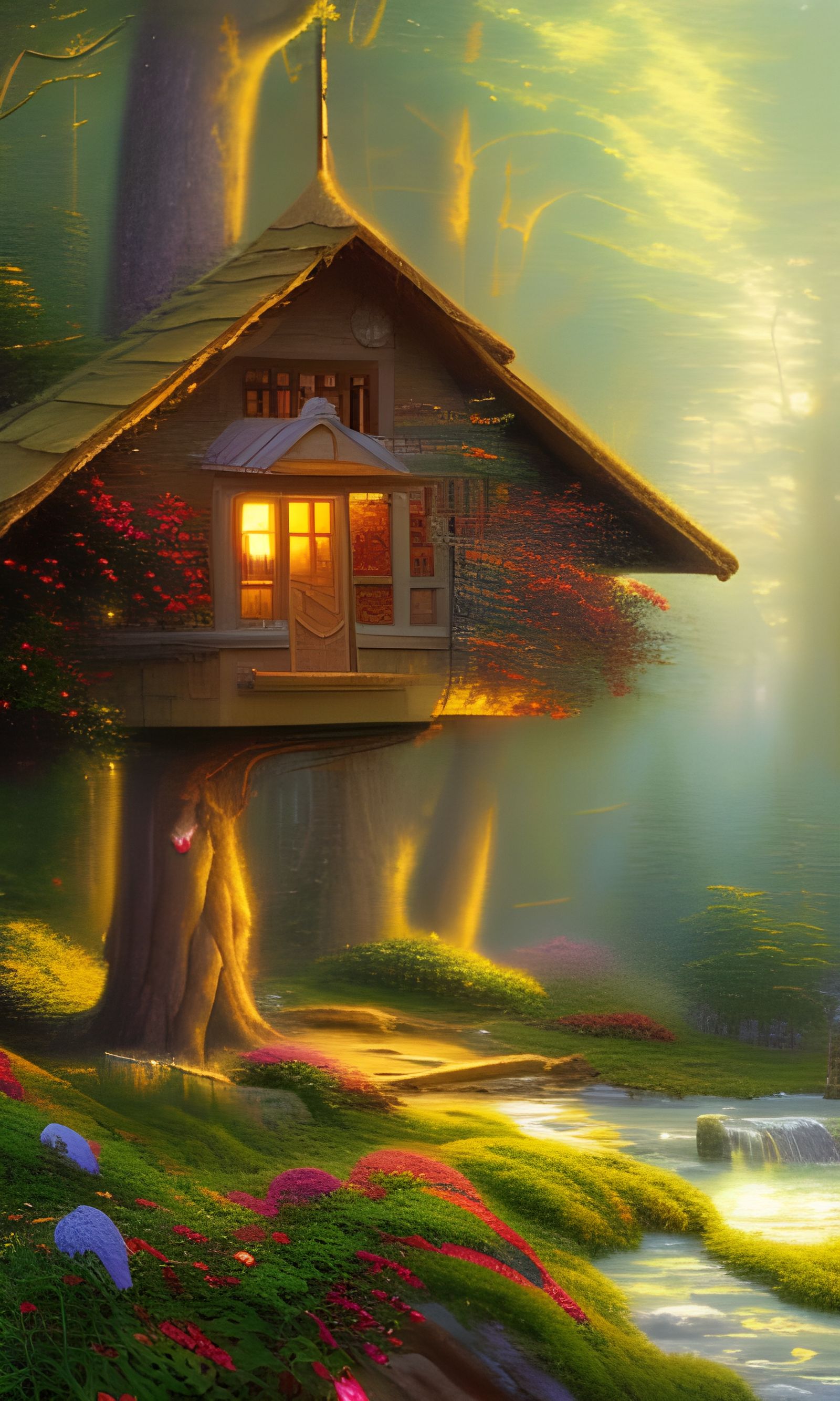 Ethereal Treehouse in Forest, Oil Painting Style
