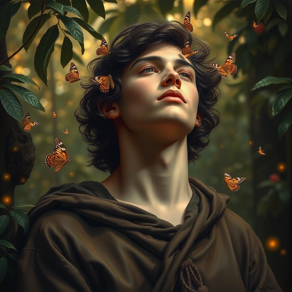 Youth in Forest, Neorealism Oil Painting with Chiaroscuro