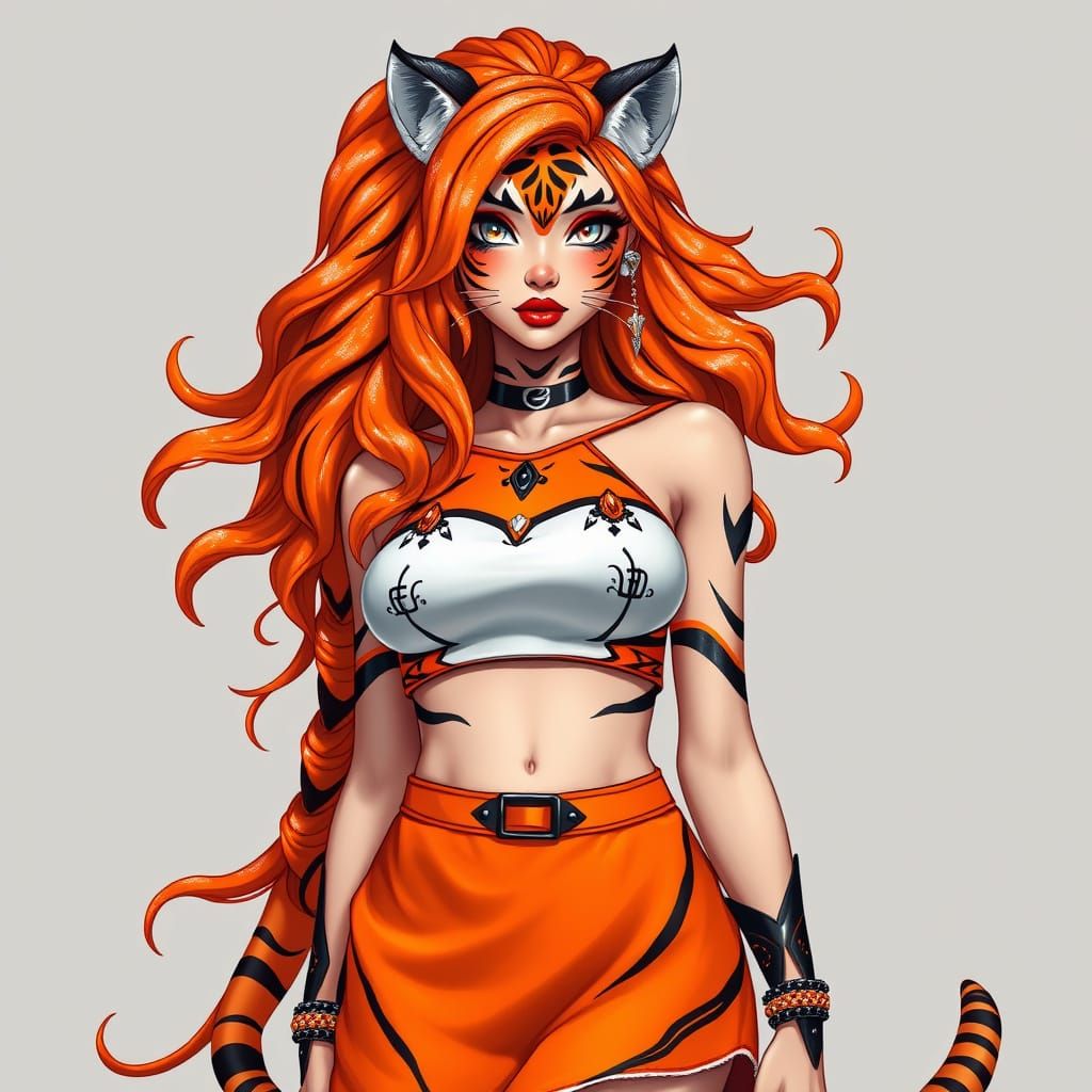 Tiger Woman with Neon Hair in Anime Style