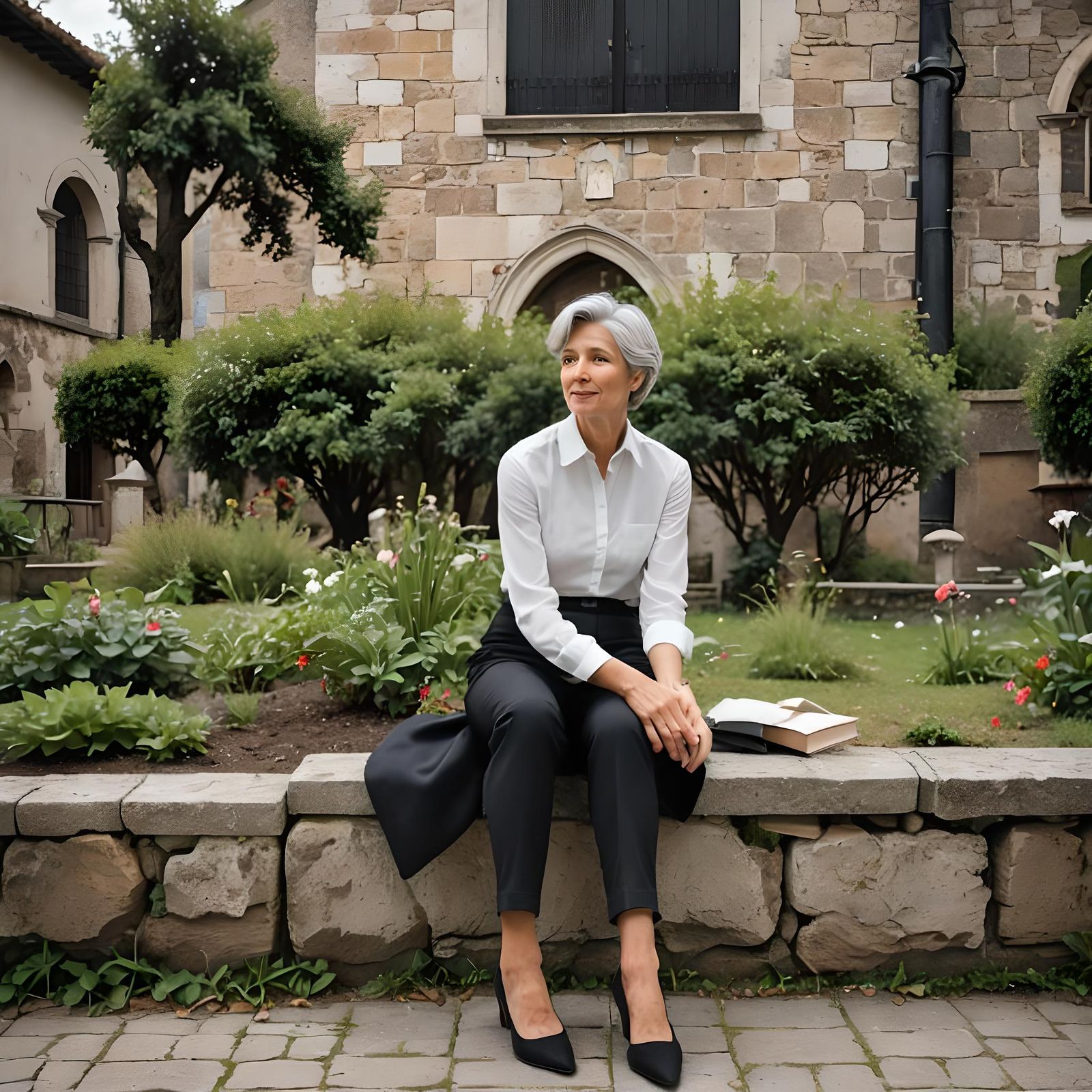 Woman in Heels Sitting in Italian Church Garden
