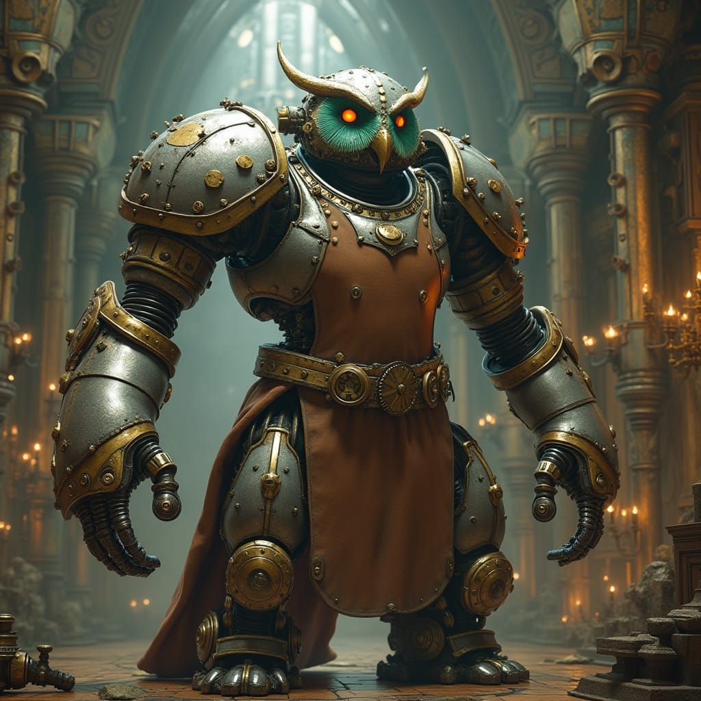 Steampunk Owl Robot Polishing Armor in Grand Hall