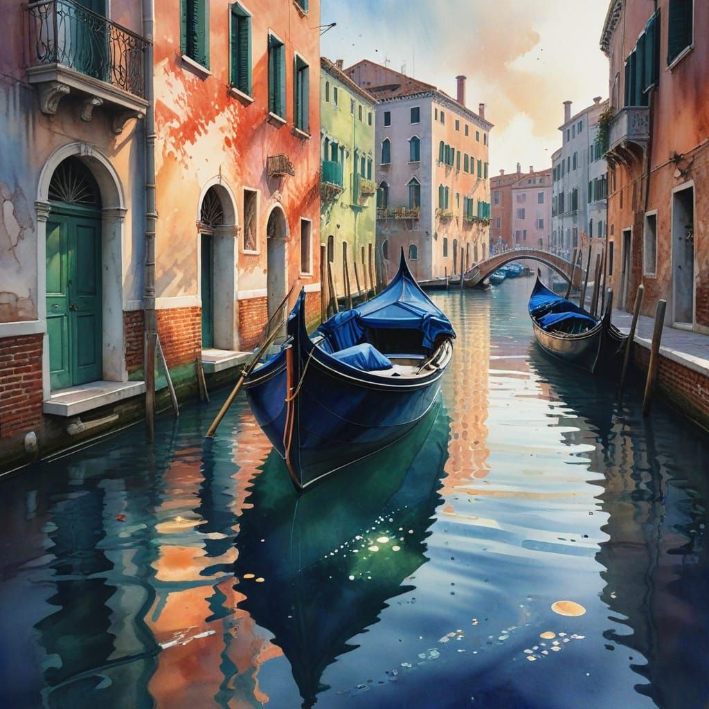Whimsical Venetian Canal with Liquid Watercolor and Twilight...