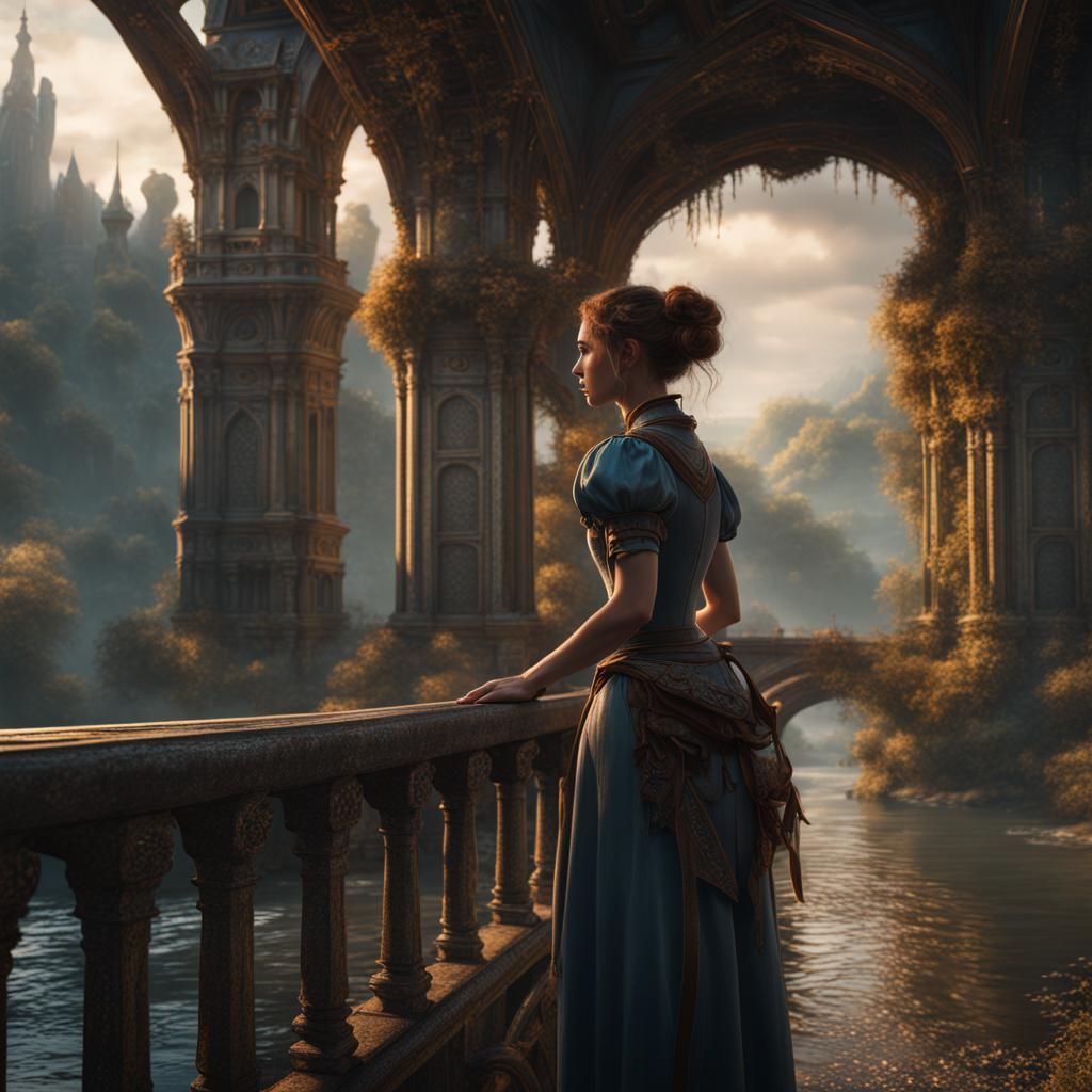 Young Woman Gazes Over Bridge in Detailed Matte Painting
