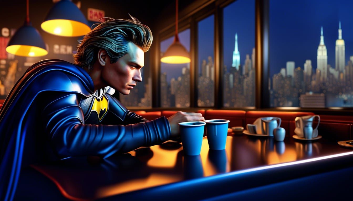 Man in Batmobile Sips Coffee in Manhattan, Digital Art