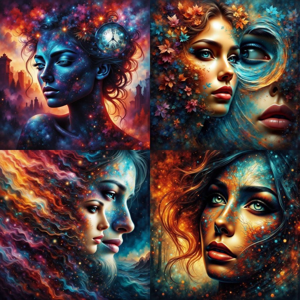 Mystic Double Exposure Portrait of Woman in Splash Art Style