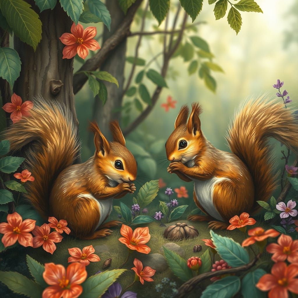 Squirrels Frolic in Forest, Beatrix Potter Style