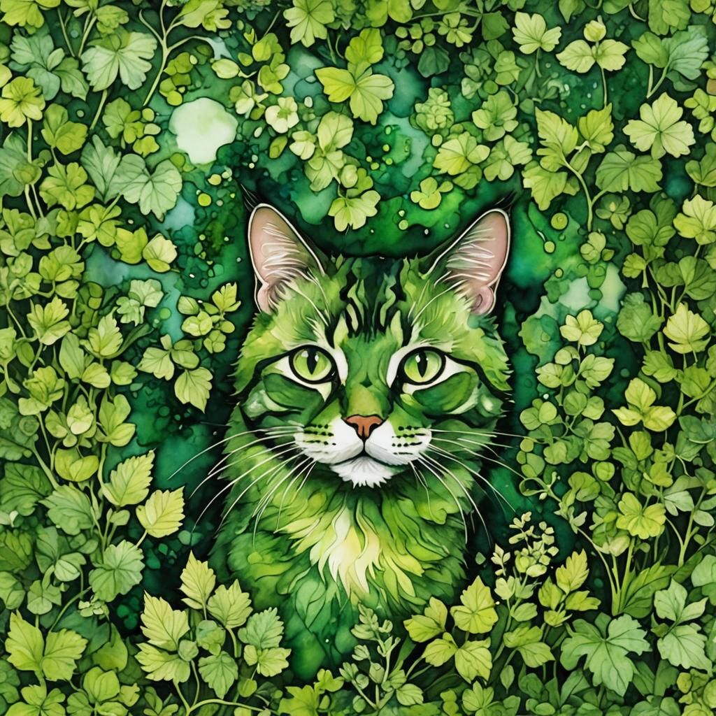 Detailed Green Cat Relaxing in Catnip Patch