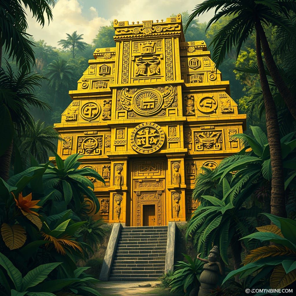 Gold Aztec Temple in Jungle, Romantic Realism Style