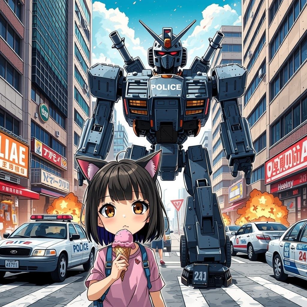 Anime Girl with Cat Ears and Robot Police