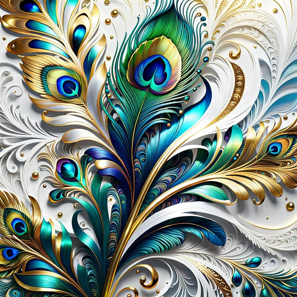 Iridescent White Peacock with Zentangle Patterns