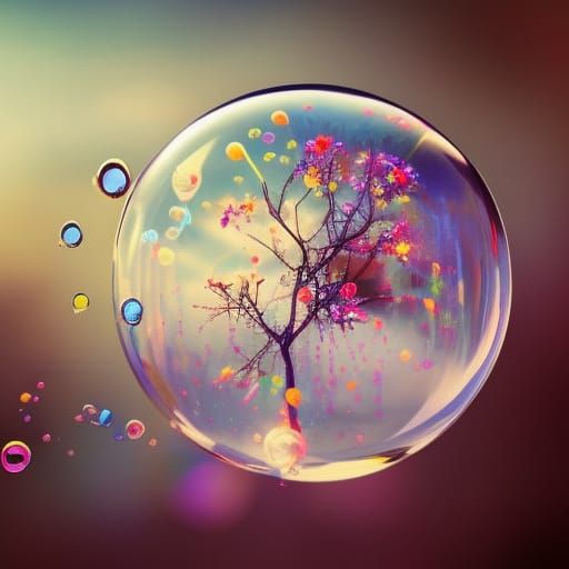 Hyperrealistic Flowers Floating Around Soap Bubble