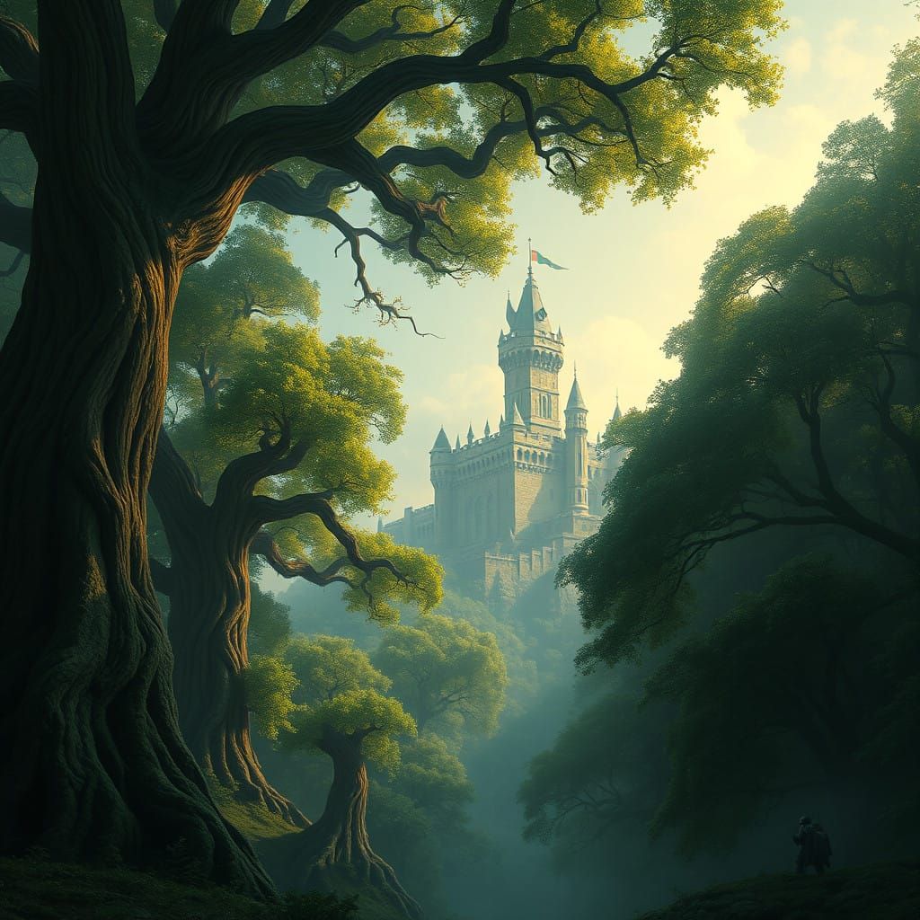 Ethereal Primeval Forest Landscape with Medieval Castle