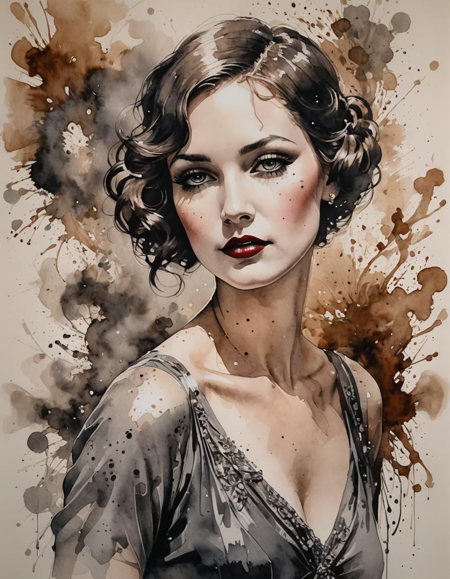 Sensuous 1920s Woman in Smokey Watercolor Portrait