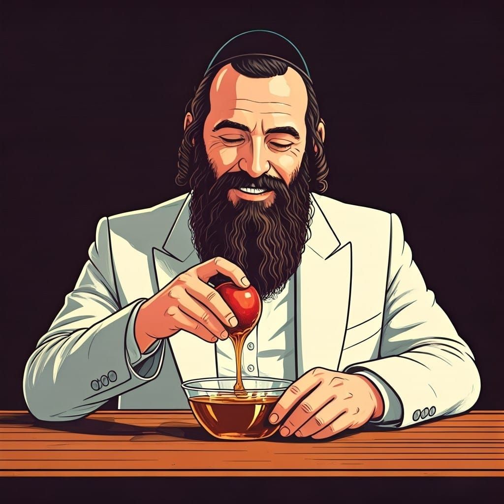 Ultra-Orthodox Jew Dipping Apple in Honey, in Pop Art Style
