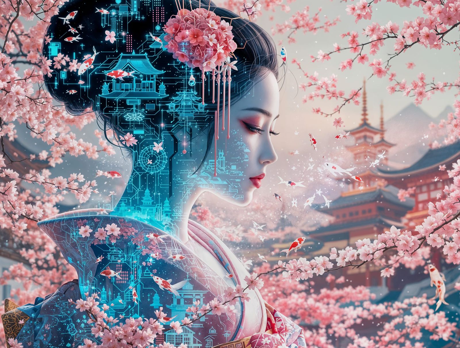 Elegant Geisha Transitions into Cyberpunk Landscape