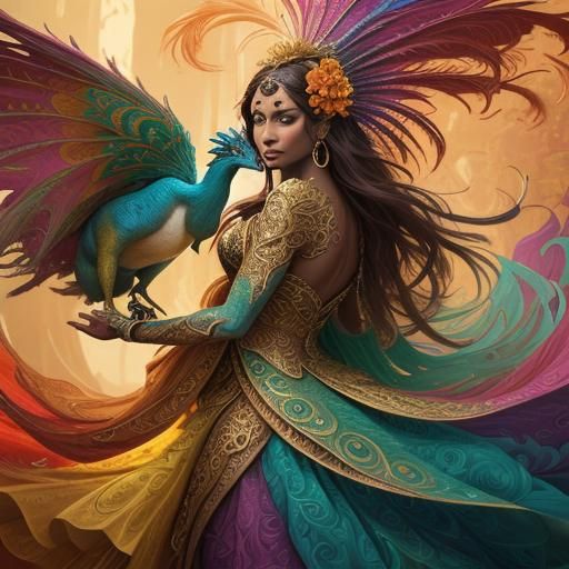 Dragon Peacock Woman with Flowers in Abstract Expressionism