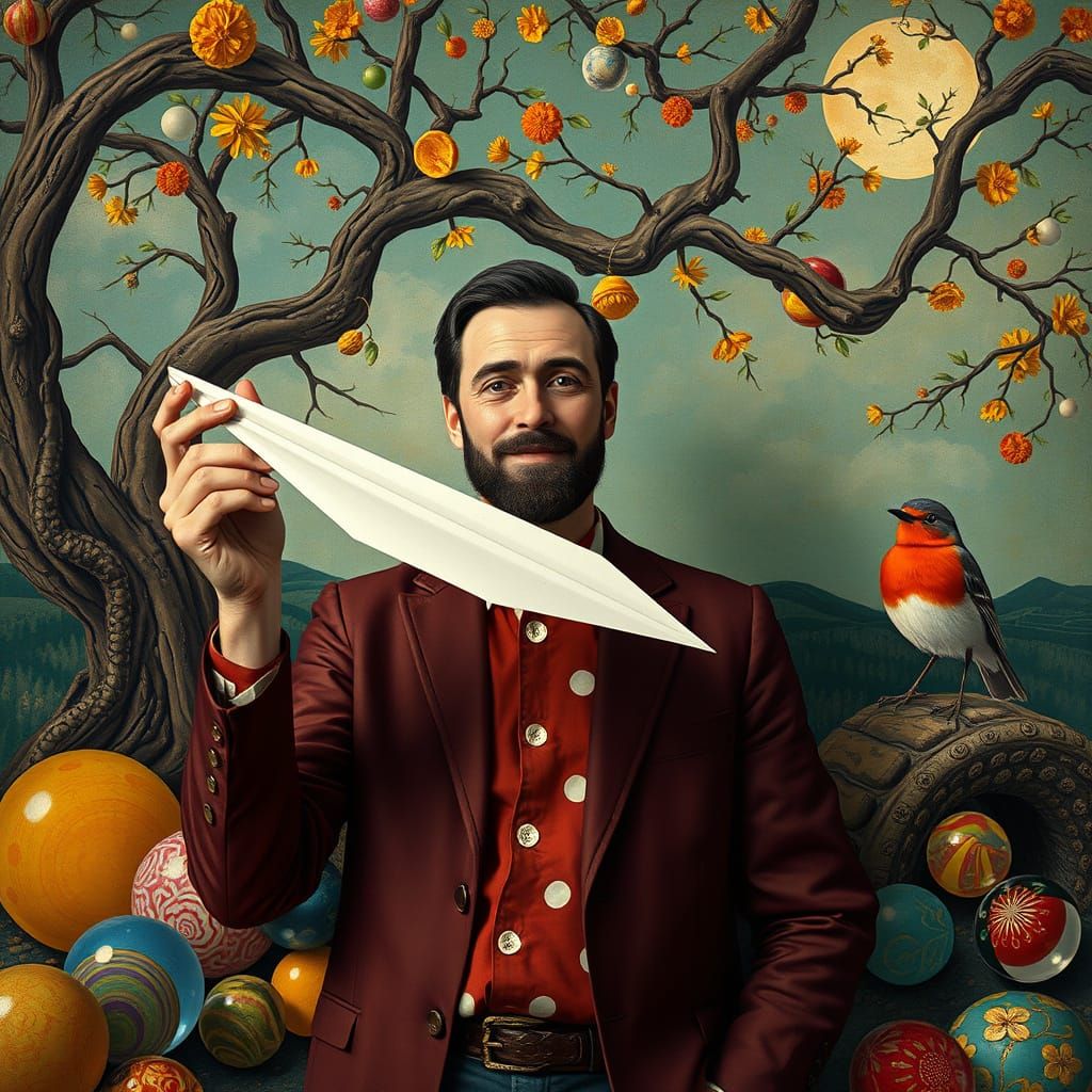 Polka Dot Man with Paper Plane, Klimt-Inspired Scene