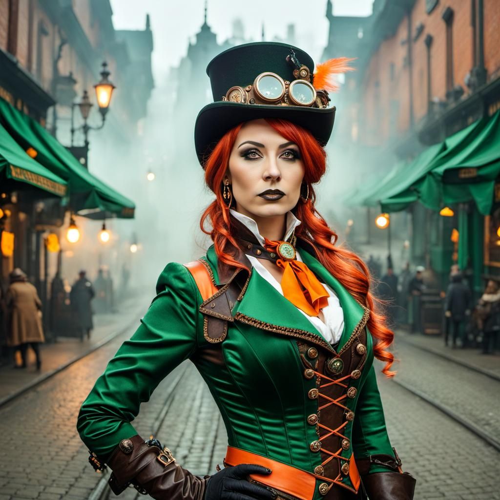 Steampunk Beauty Amidst Fog in Green and Orange