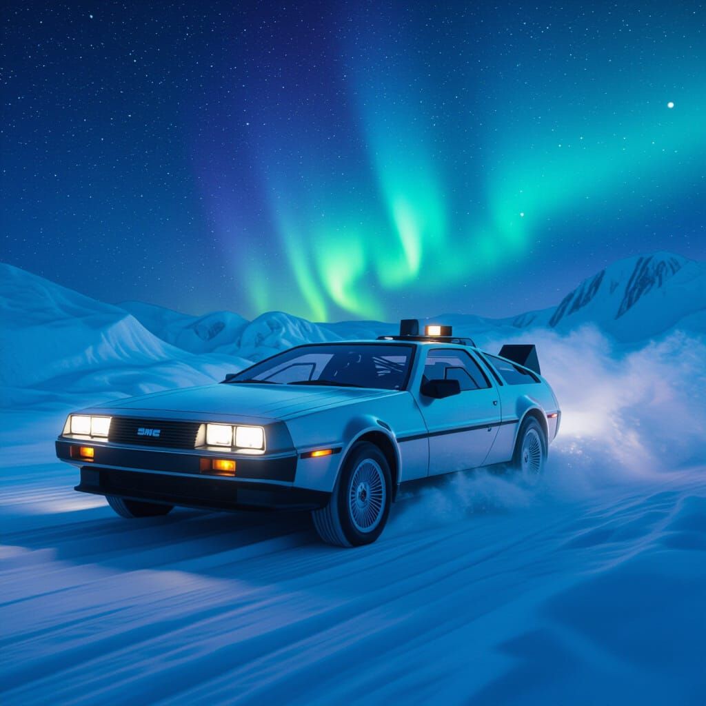 DeLorean Drifting Through Arctic Aurora in Noir Style