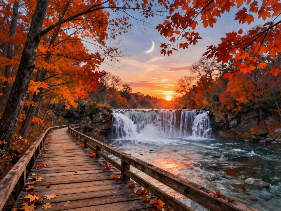 Autumn Sunset Over Waterfall and Bridge