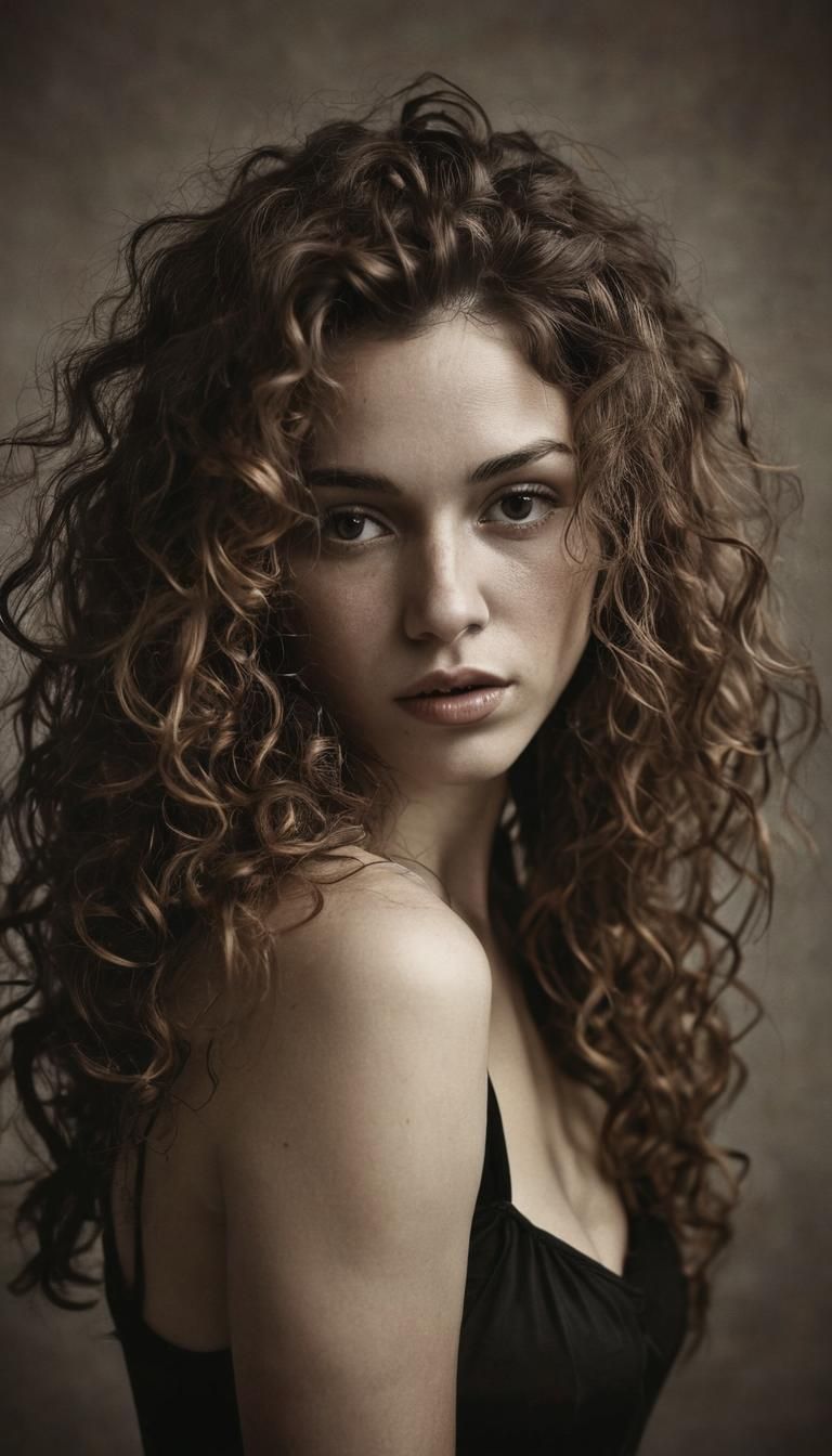 Duotone Grimdark Portrait of Woman with Curly Hair