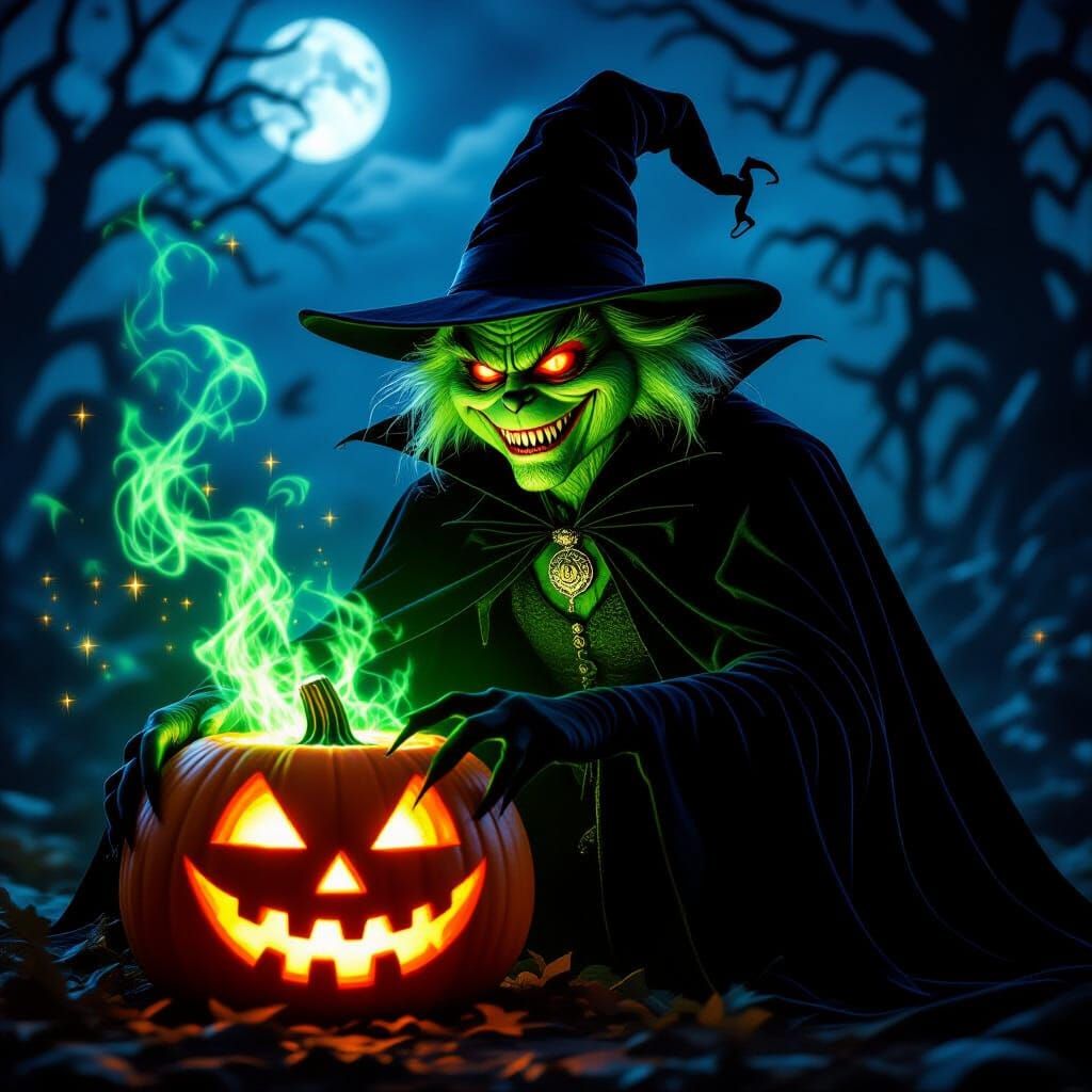 Grinch Vampire Casting Spell on Jack-o'-Lantern in Gothic Fa...
