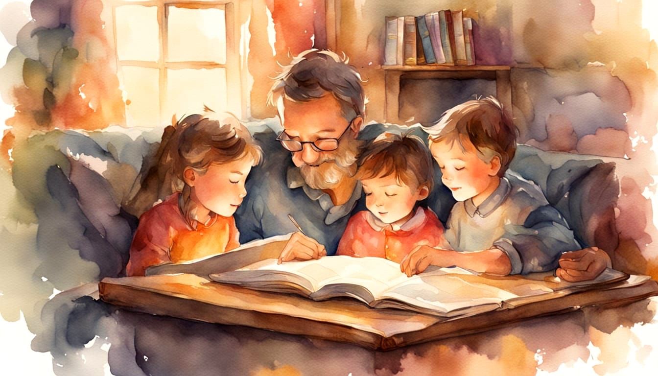 Watercolor Father Reading to Children