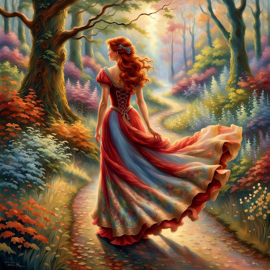 Ethereal Woman in Fantasy Landscape as Kinkade Painting