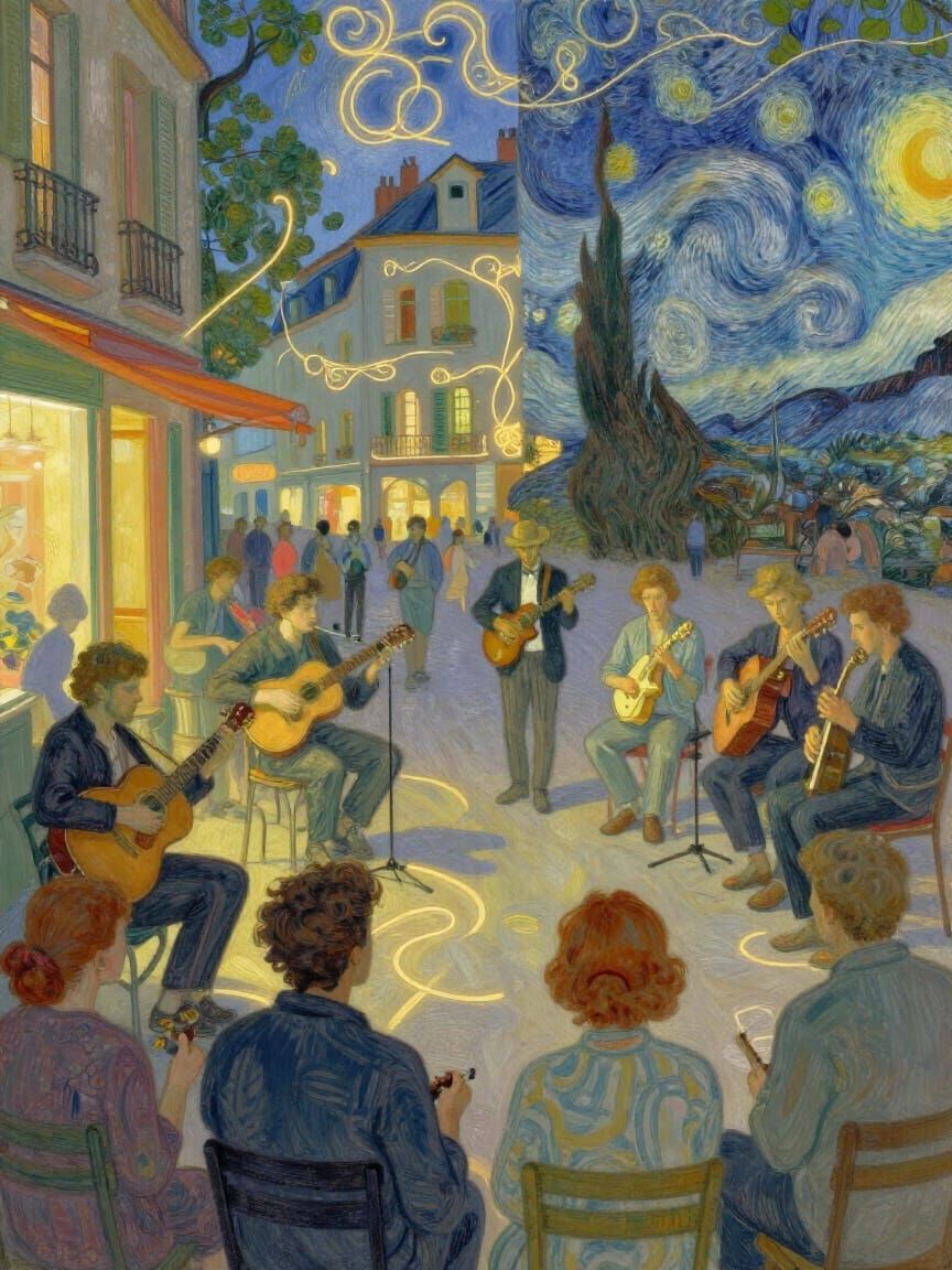 Vibrant Evening Street Alive with Music and Light