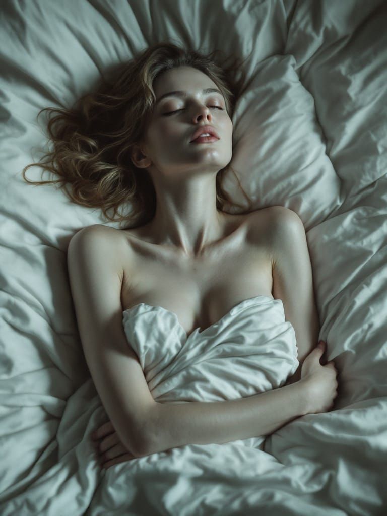 Skinny Woman Relaxing in Bed Under Sheets