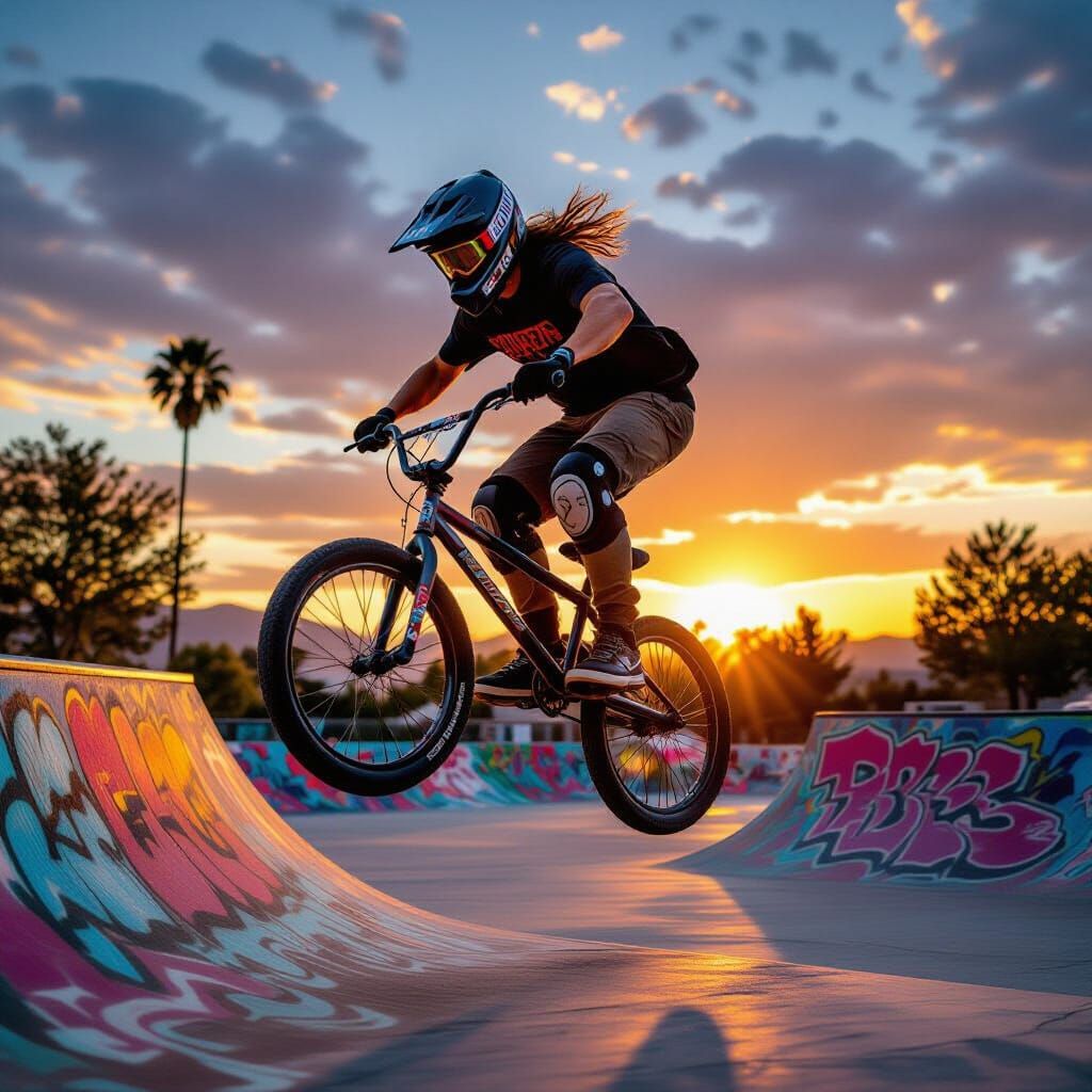 BMX Rider Stunt at Skatepark with Graffiti Sunrise