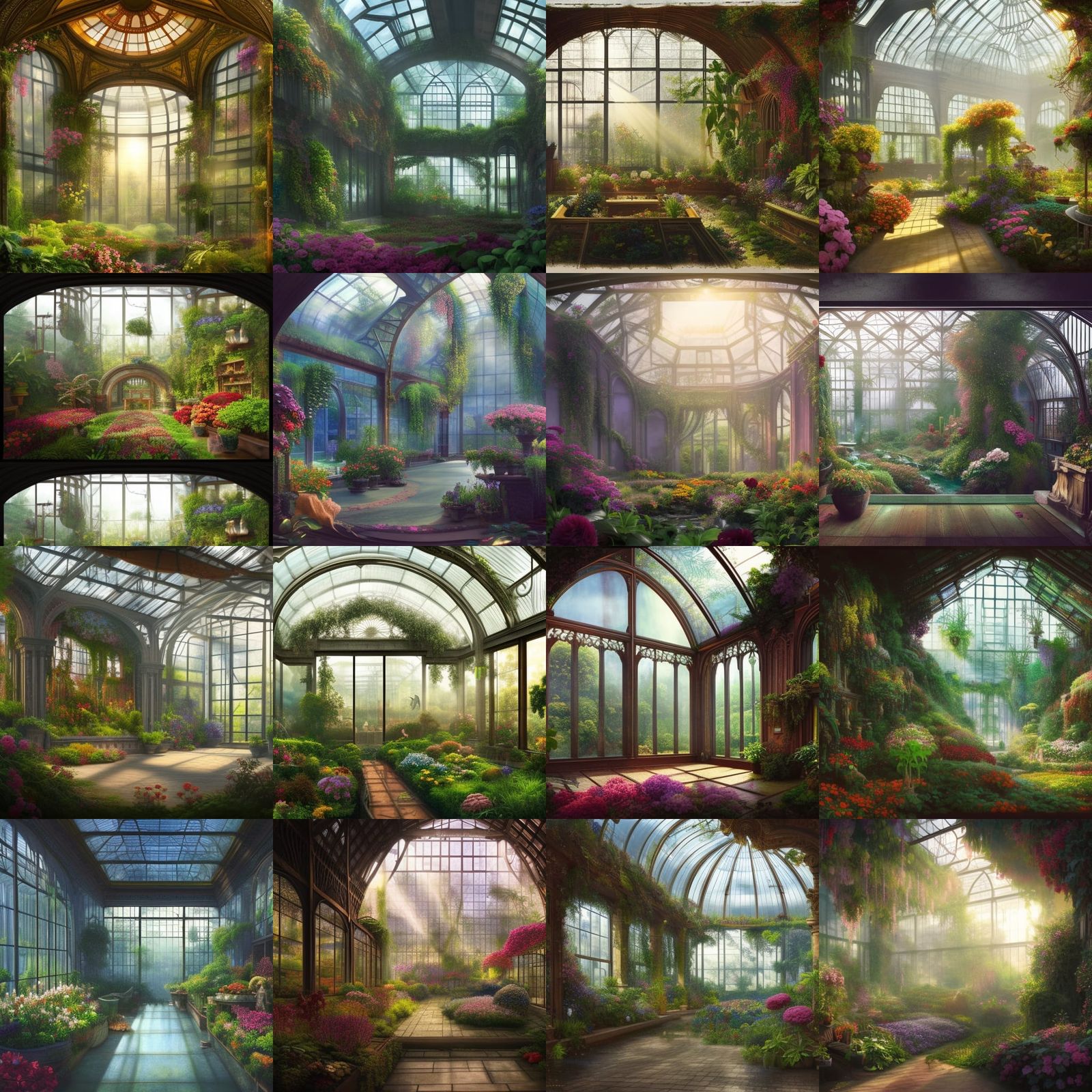 Lush Flowers in Sunlit Glasshouse: Fantasy Concept Art