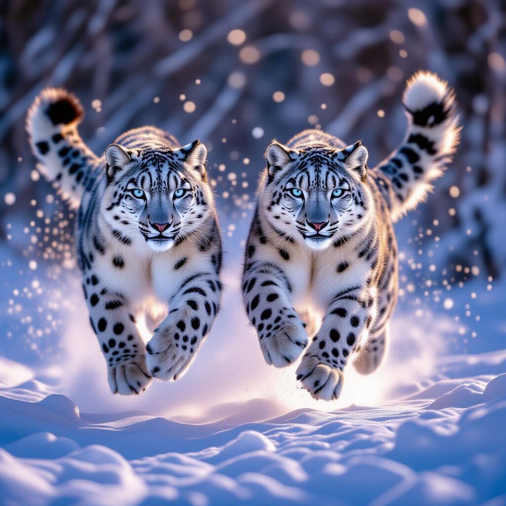 Snow Leopards Leap in Electric Dawn Light, Hyperreal Style