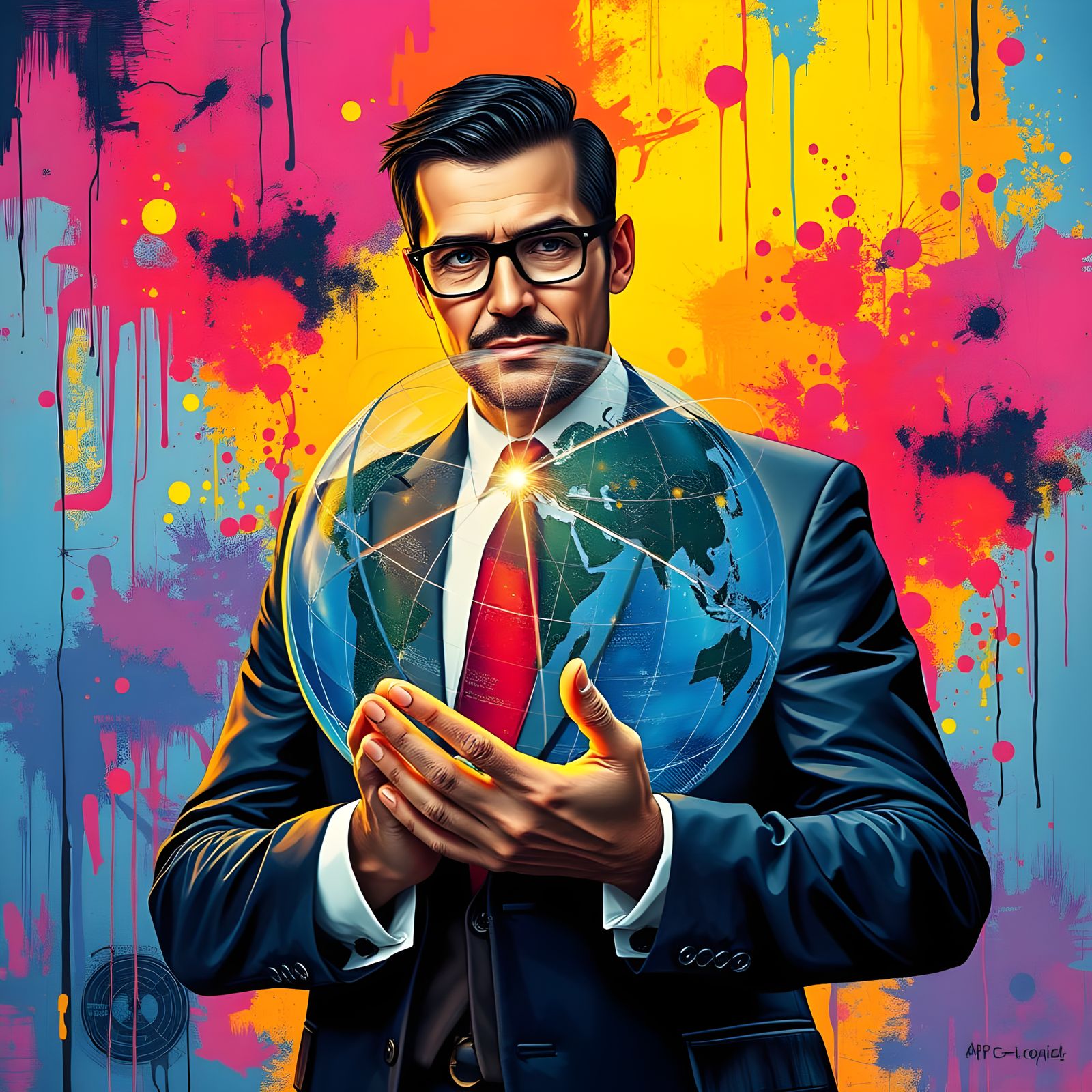 Businessman Holding Glowing Globe in Graffiti Art