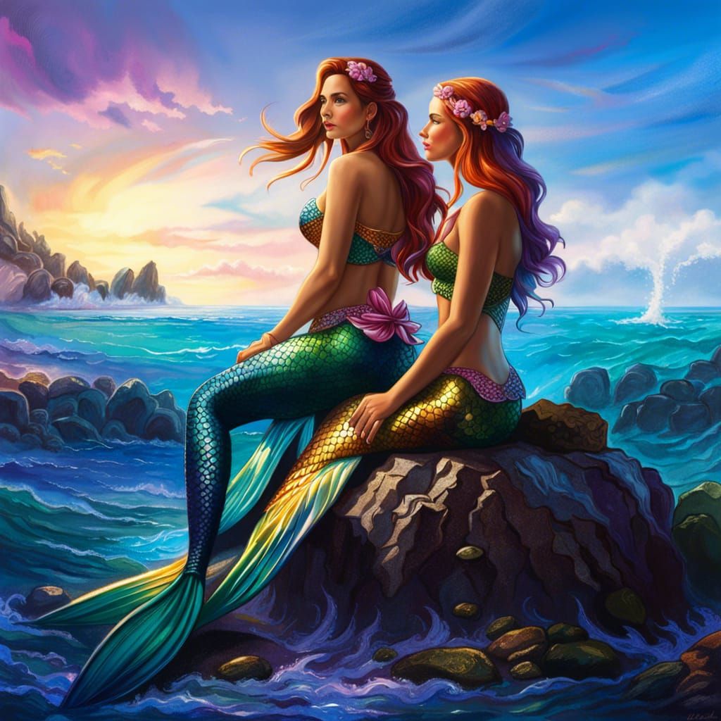 Hyperrealistic Mermaids on Rocky Shoreline