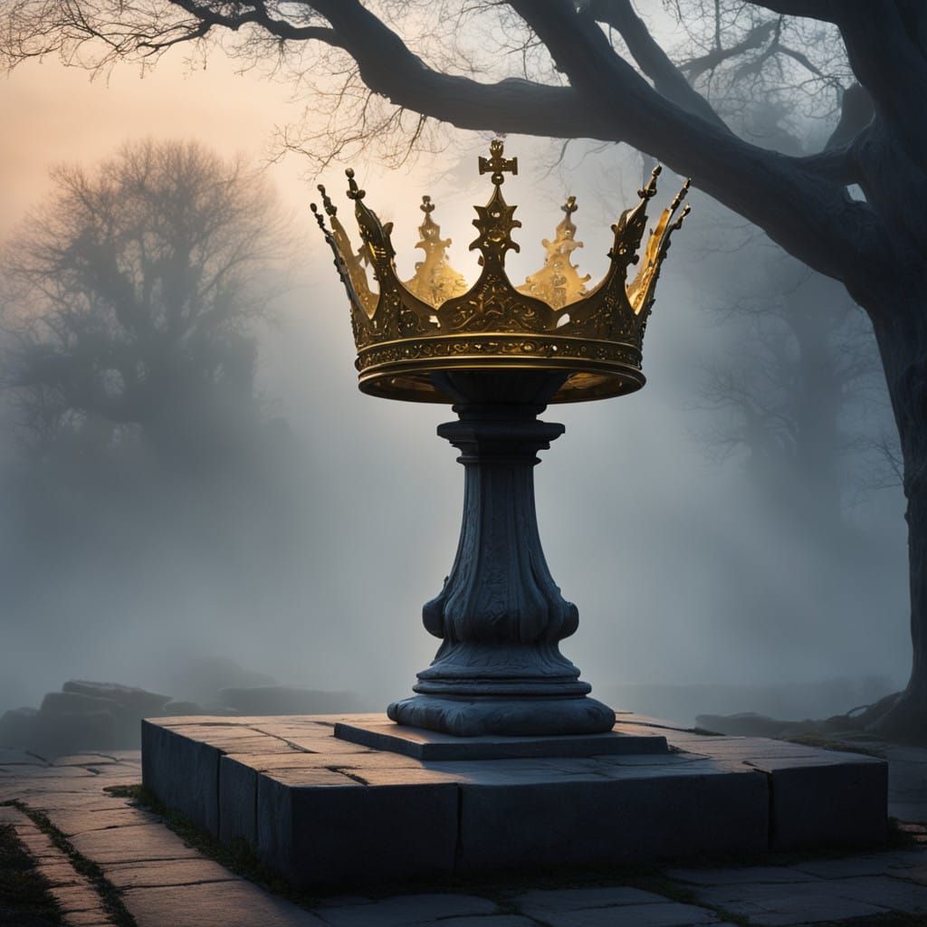 Glowing Golden Crown Amidst Twilight Mist