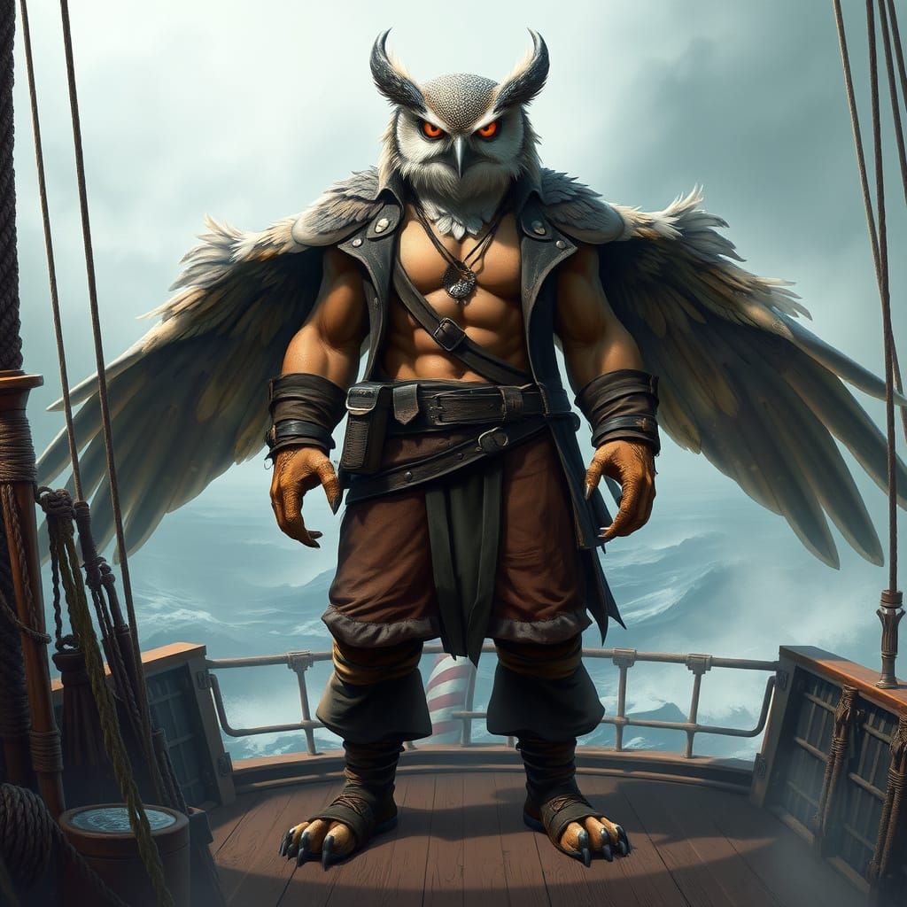 Cyberpunk Owl Warrior Dominates Pirate Ship in Mysterious Fo...