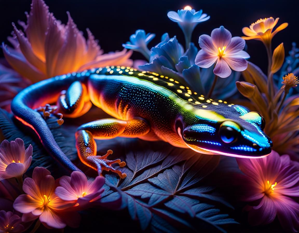 Bioluminescent Salamander on Glowing Flower, Photorealistic