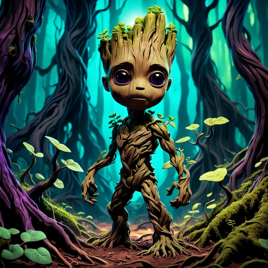 Baby Groot Caricature in Eerie Forest