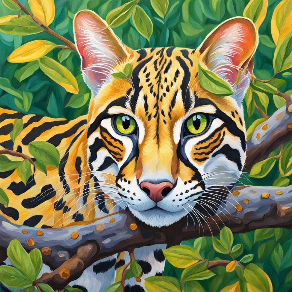 Ocelot in Tree: Detailed Gouache Painting