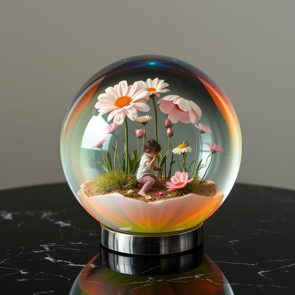 Iridescent Sphere with Child in Oversized Flower Garden