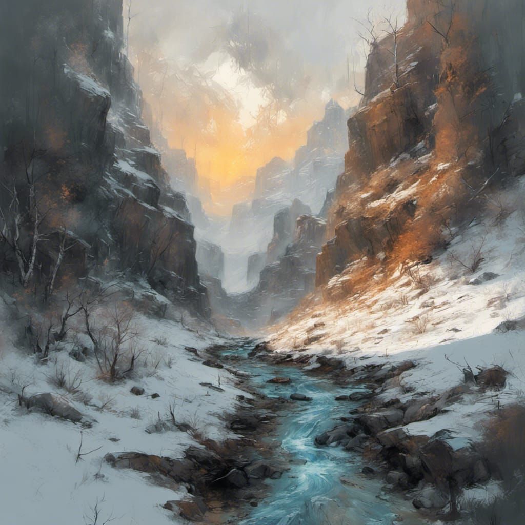 Snowy Mountain Gorge Sunrise in Speedpaint Style