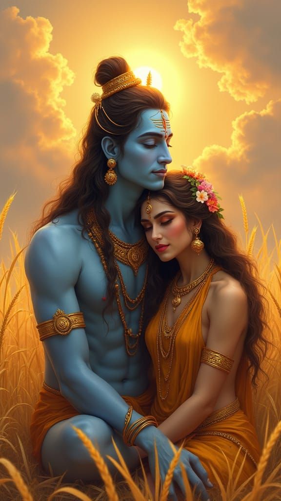 Divine Lord Shiva and Goddess Parvati in Golden Sunset Digit...