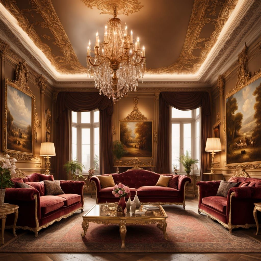 Luxurious Lounge with Artistic Masterpieces in Flemish Oil P...