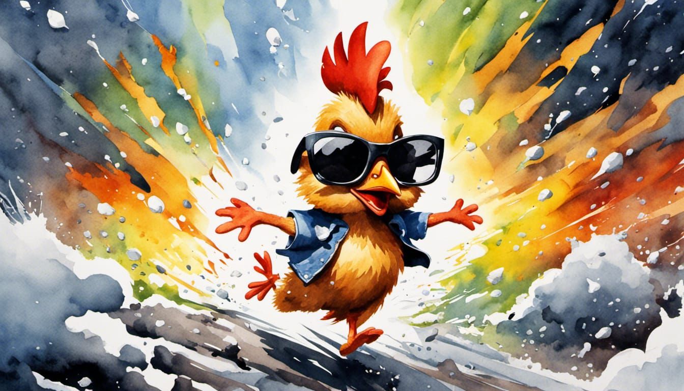 Chicken Little Runs From Hailstorm in Watercolor Art
