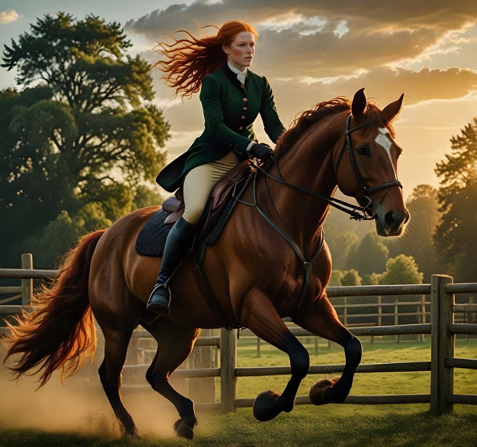 Redhead Rides Black Hunter Horse in Green Velvet